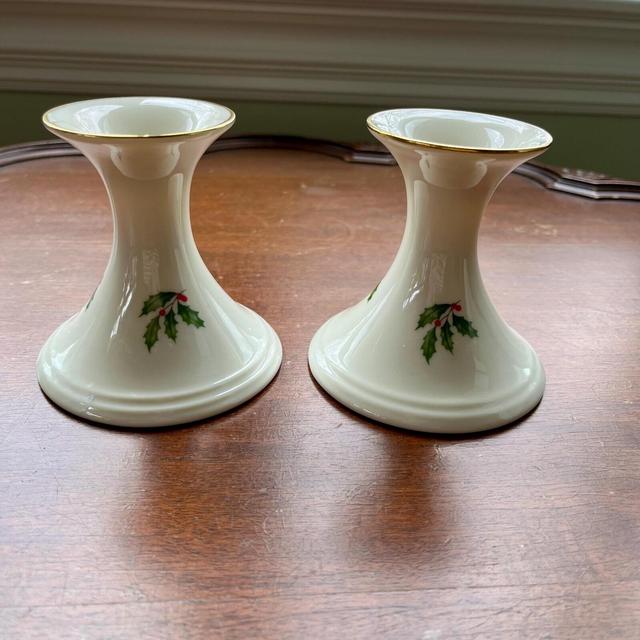 Set of 2 Lenox Holiday Pattern China Candlestick Holders