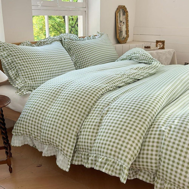 NSNLGSGC Sage Green Gingham Ruffle Duvet Cover King Size, 3 Pieces Soft Pre-Washed Microfiber Checked Plaid Comforter Cover Set, Vintage Farmhouse Bedding Set(Green Gingham, King 104"x90")