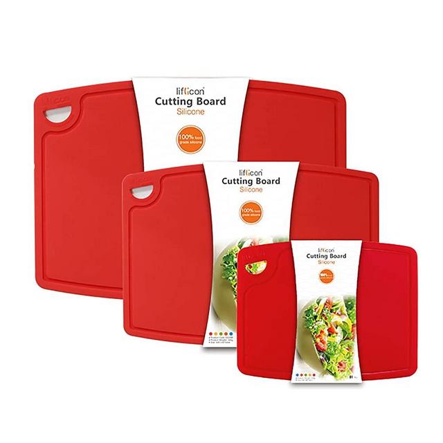 Liflicon Thick Cutting Boards Set of 3pcs Large 14.6'' x 10.43'',Middle 12.6'' x 9.1”, Mini 9.1”x7.1” BPA Free, Juice Grooves Easy Grip Handle Dishwasher Safe Non-Porous for Kitchen,Chif-Red