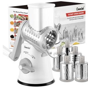 Geedel Rotary Cheese Grater Cheese Shredder - Upgraded 5-in-1 Cheese Grater with Handle and Strong Suction Base, Multi-purpose Vegetable Slicer Ice Shaver Nuts Grinder for Ice, Vegetables, Fruit, Nuts