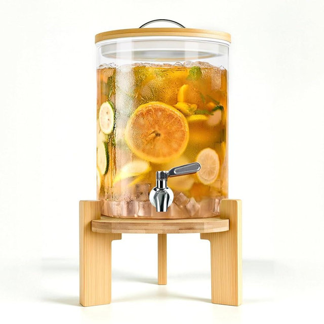 Beverage Dispenser 2.1 Gallon, Glass Drink Dispenser with Stand, Drink Dispensers for Parties, Beverage Dispenser with Wood Stand, Stainless Steel Spigot, for Parties,Bars,Restaurants (2.1 Gallons)