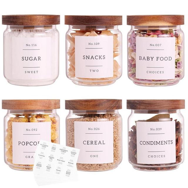 6 Set Glass Pantry Storage Jars with Acacia Airtight Lid - 15oz Thicken Glass Kitchen Canisters with 132 Pantry Labels - Clear Glass Food Storage Containers with Wood Lid for Tea,Sugar,Spice,herbs