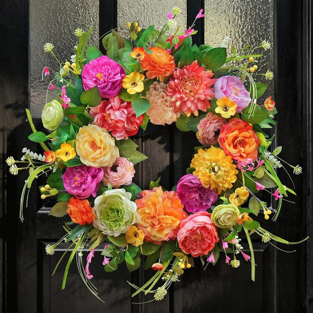 Spring Wreaths for Front Door 24 Inch,Summer Wreath with Rose,Peony,Dahlia,Spring Door Wreath for Holiday Farmhouse Indoor Outdoor Wall Home Decor