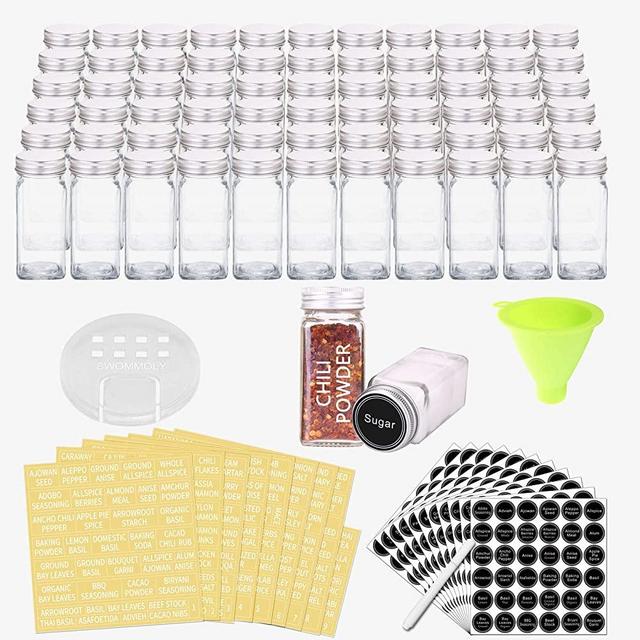 SWOMMOLY 66 Glass Spice Jars with 713 Spice Labels, Chalk Marker and Funnel Complete Set. 66 Square Glass Jars 4 OZ, Airtight Cap, Pour/sift Shaker Lid