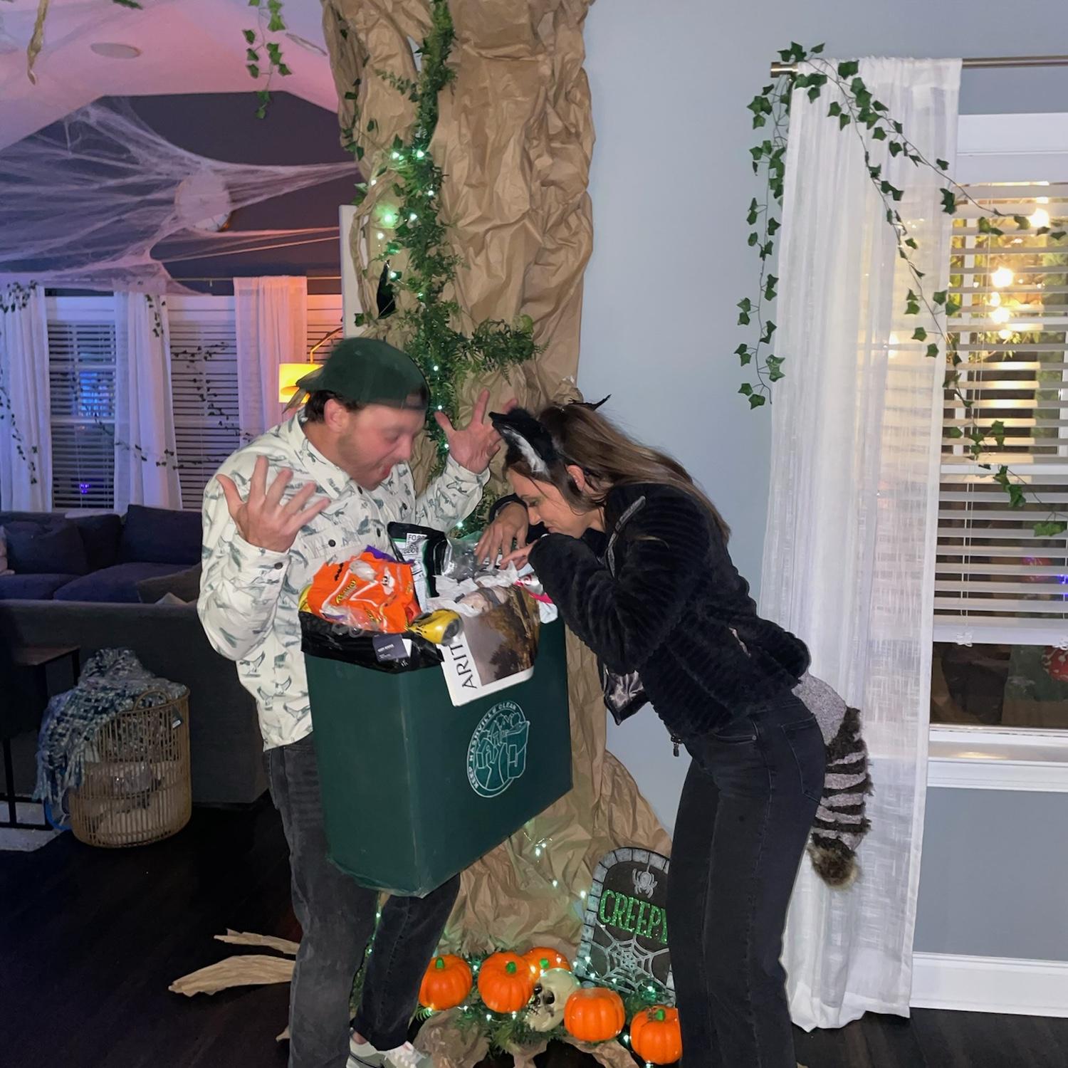 Our take on ‘Woodland creatures’ theme - Ted offered to be the trashcan and I’m a raccoon