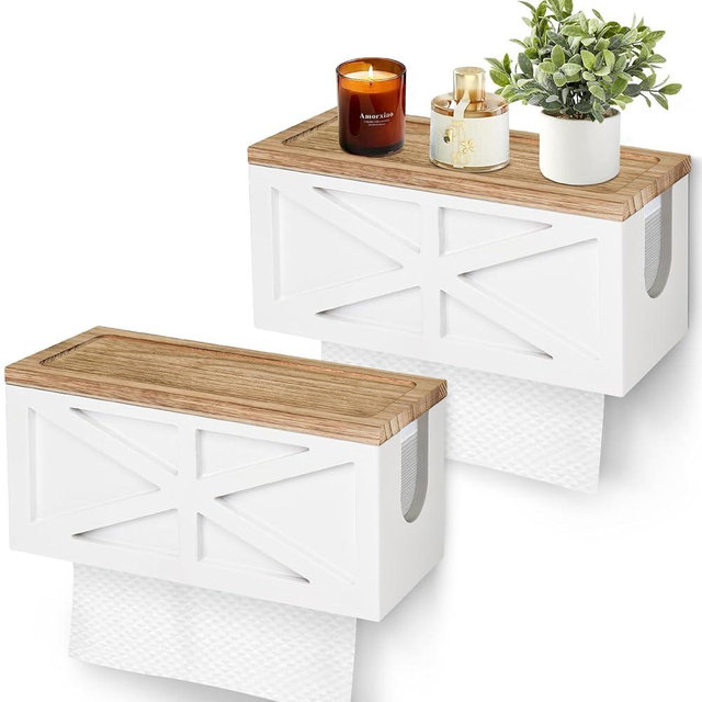 Set of 2 Paper Towel Dispenser Wall Mount, Paper Towel Holder Wall Mounted with Lid, Solid Wood Commercial C-Fold, Z-Fold, Trifold Hand Paper Towel Holder Hand Towel Holder for Bathroom Decor(White)