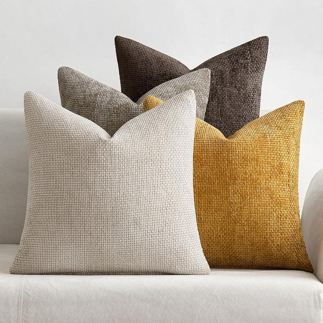 MIULEE Pack of 4 Couch Throw Pillow Covers 18x18 Inch Neutral Gold/Brown Soft Decorative Chenille Pillow Covers Farmhouse Accent Cushion Covers for Boho Home Decor Sofa Bedroom Living Room