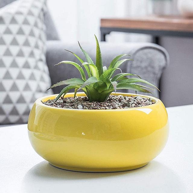 MyGift 7.5 Inch Round Yellow Glazed Ceramic Succulent Planter Pot