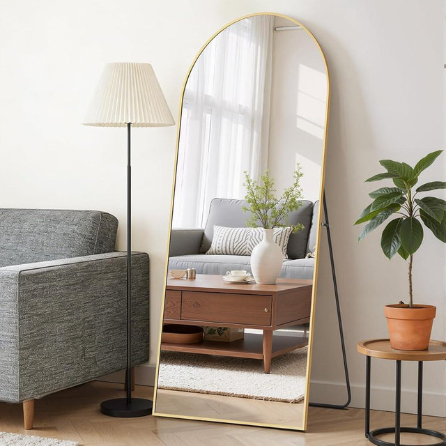 Mirror Full Length 64"x21" Full Body Floor Mirror with Stand, Shatterproof Glass, Aluminum Alloy Frame, Free Standing Wall Mounted or Leaning Arched Mirrors for Bedroom Living Room Entryway