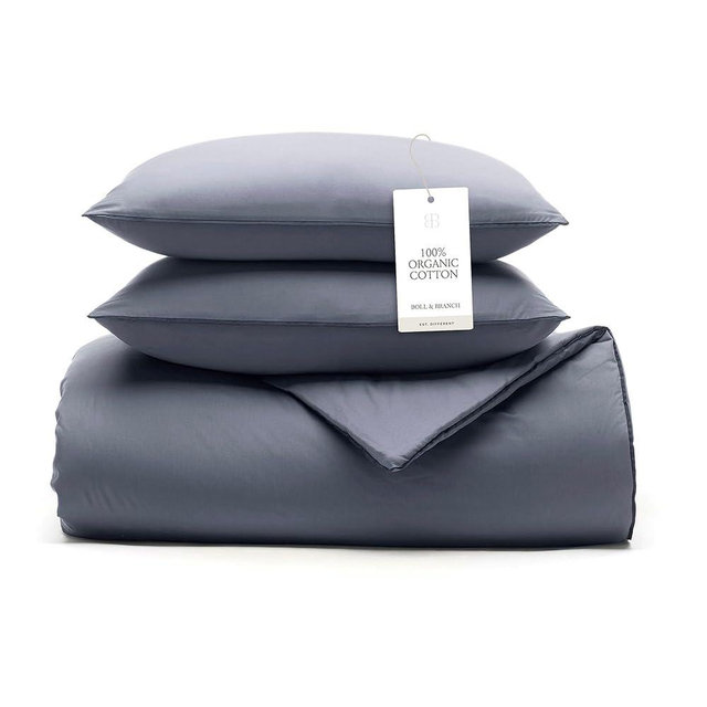 BOLL & BRANCH Signature Comforter Set - Full/Queen, Mineral - Duvet Insert and Cover in One Layer - Luxury Organic Cotton, Down Alternative, Hypoallergenic, All-Season - 1 Comforter and 2 Shams