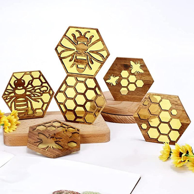 Bee Resin Wood Coaster Set of 6 Honeycomb Wooden Epoxy Resin Drink Coasters for Cold Drinks Wine Glasses Beverage Mugs Bee Themed Cup Mats for Kitchen Dining Coffe Table Gift for Her/Him