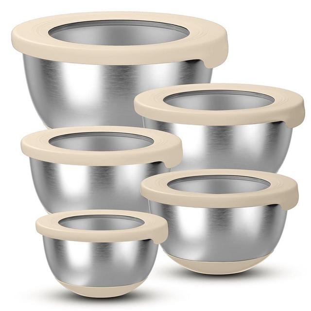 KITEISCAT Stainless Steel Mixing Bowls with Airtight Lids Set of 5, Nesting Mixing Bowls for Kitchen, Khaki, Dishwasher Safe, Non-Slip, Multi-Purpose for Cooking, Baking, Prepping & Food Storage