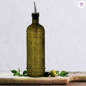 16.1oz. Glass Single Oil / Vinegar Cruet with Olive Branch Embossed Decorative Pattern - Vintage Green