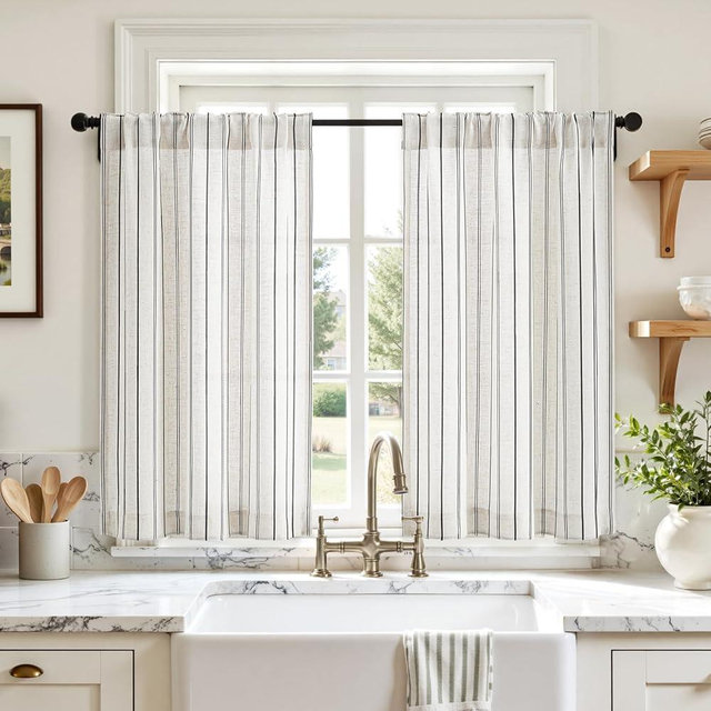 HOMEIDEAS Striped Linen Kitchen Curtains 36 inches, Boho Farmhouse Light Filtering Natural Tier Curtains Sets, Small Window Treatments for Bathroom Cafe RV 2 Panels, Black