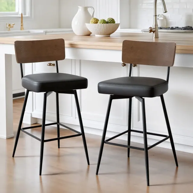26" Counter Height Swivel Bar Stools Set of 2 - Upholstered Faux Leather, Wood Backs & Metal Legs, Counter Stools for Kitchen Island,Black