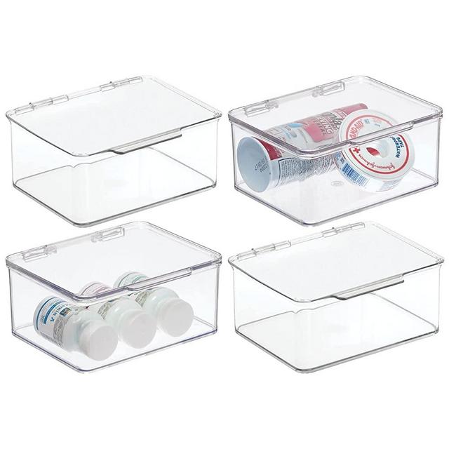 mDesign Plastic Bathroom Stackable Storage Organizer Box with Hinged Lid for Closet, Shelf, Cupboard, or Vanity, Hold Medicine, Soap, Lotion, Cotton Swabs, Masks, or Hair Styling Tools, 4 Pack, Clear
