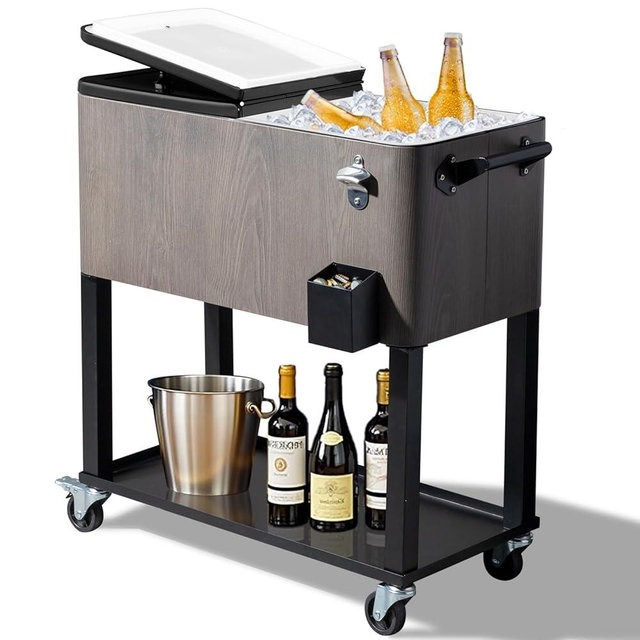 Outvita 80 Quart Rolling Ice Chest, Portable Bar Drink Cooler with Catch Basin, Bottom Storage Tray and Bottle Opener for Patio Party BBQ Beach Activities