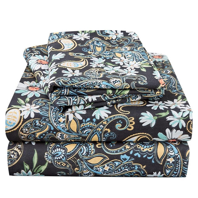 JSD Black Paisley Floral Printed Sheet Set Full Size, 4 Piece Soft Pattern Microfiber Sheets Extra Deep Pocket
