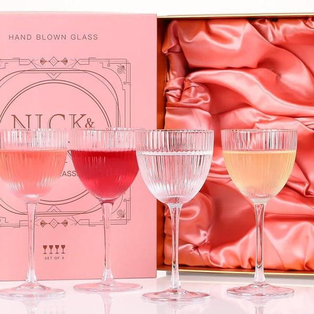 SIPBYSOP Nick and Nora Cocktail Glasses - Coupe Glasses Set of 4, Vintage Ribbed Martini Glassware, Crystal Cordial Cups for Whiskey, Gin, Vodka, Champagne, Women Gifts, 5 Oz (Clear-Gift Box Set)