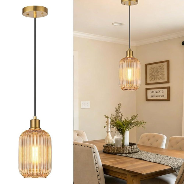 1 Pack Pendant Lights with Vintage Amber Ribbed Glass Lampshade, Adjustable Brushed Gold Pendant Lights Fixtures for Kitchen Island Lighting Sink, Dining & Living Room Hallway (Bulbs Not Included)