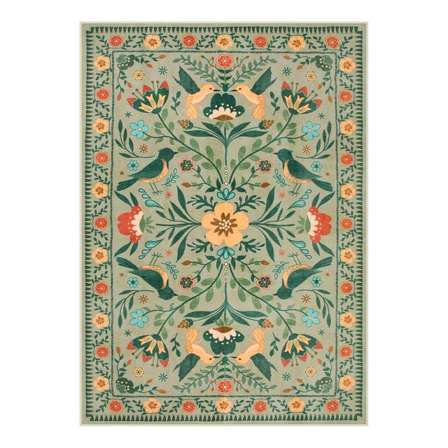 Moynesa Living Room Rug 5x7, Washable Modern Farmhouse Green Area Rugs for Bedroom Dining Room, Country Floral Bird Print Pattern Carpet, Aesthetic Home Decorations Open Floor Areas Protection