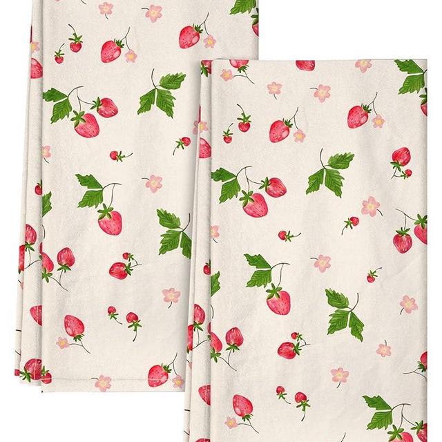 Miss Adola Flour Sack Kitchen Towels - Set of 2 Spring Dish Towels with Hanging Loop 18x26 Inch Absorbent Reusable Cotton Cloths for Cleaning Cute Design Home Decorative Housewarming, Color Strawberry