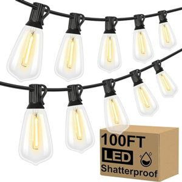 Outdoor String Lights 100 FT Vintage Edison Hanging Lights, Waterproof, Dimmable