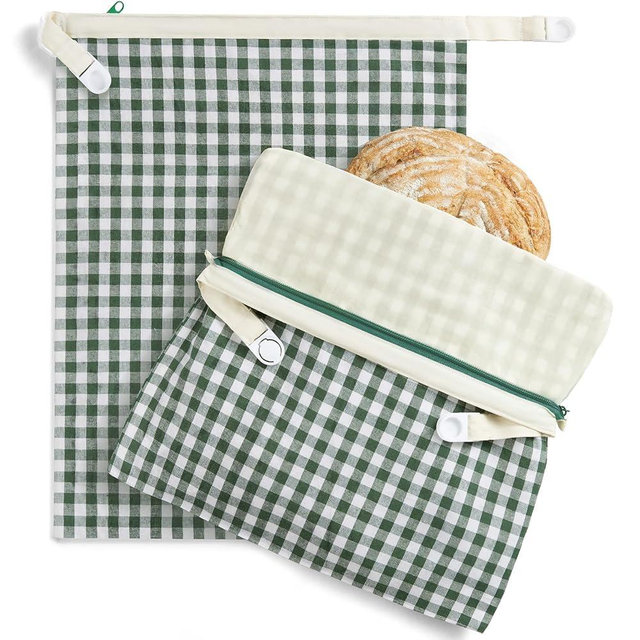 BRONYPRO Reusable Beeswax and Linen Bread Bags with Zipper, 2-Pack Waxed Bread Bags for Homemade Bread & Sourdough, Sustainable Loaf Storage to Lock in Freshness, Large 17x12.6in, Green Gingham
