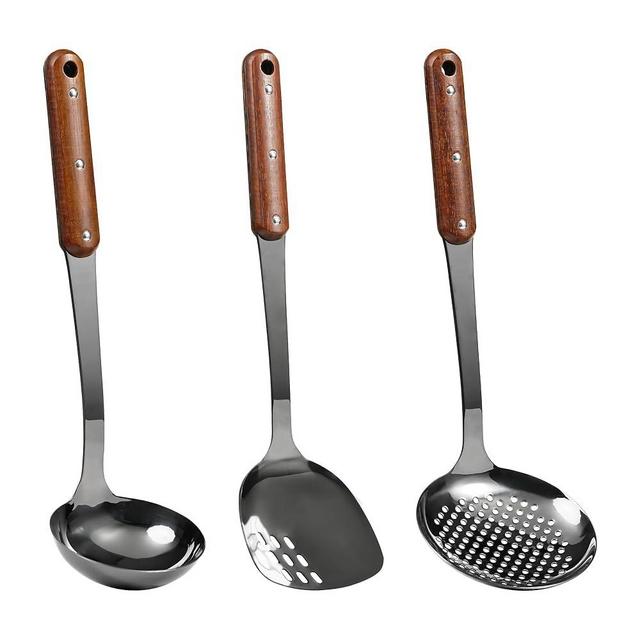 FJNATINH Stainless Steel Wok Spatula,Ladle,Skimmer Ladle Tool Set,Mirror Polished Cooking Utensils with Wooden Handle,Easy to Clean Wok Accessories,Black 3 PCS