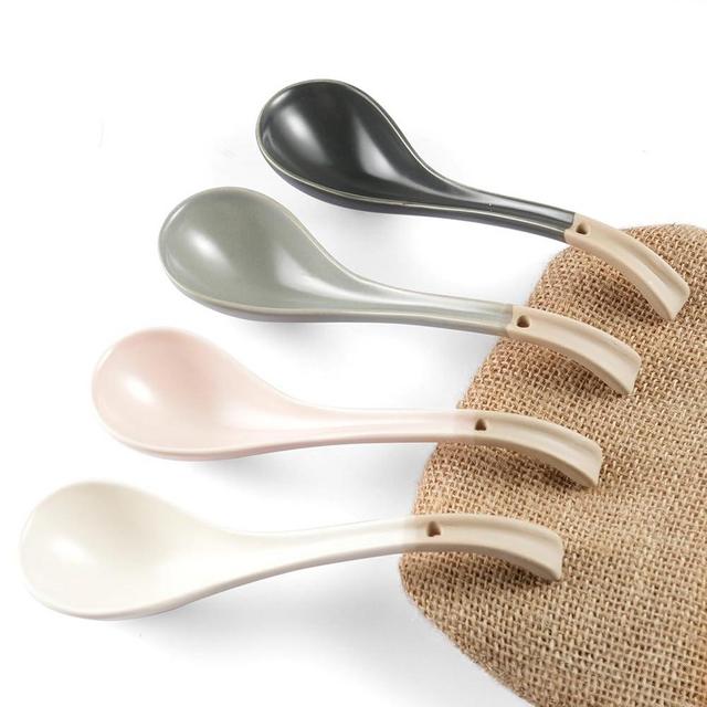 DAHO GOMSU Asian Ceramic Soup Spoon, with Long Handle Easy to Hold, Non-slip Bottom, for Japanese Ramen, Chinese and Vietnamese Wonton, Noodle Soup Spoons (V38)