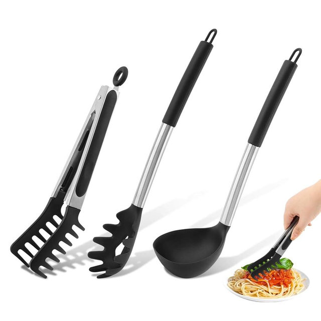 3PCS Spaghetti Spoon,Pasta Fork and Tong,Non-stick Silicone Spoon Server Fork with teeth and Stainless Steel Handle Noodles Tong, Food Clip,Food Spoon for Spaghetti Noodle