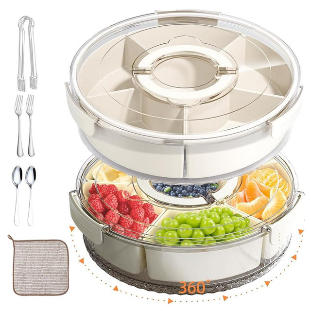 Rotating Snackle Box Container 2 Pack with Lid and Handle | 6 Compartment Round Lazy Susan 360° Divided Serving Tray, Portable Clear Organizer for Fruit, Candy, Veggies, Charcuterie, Party & Picnic