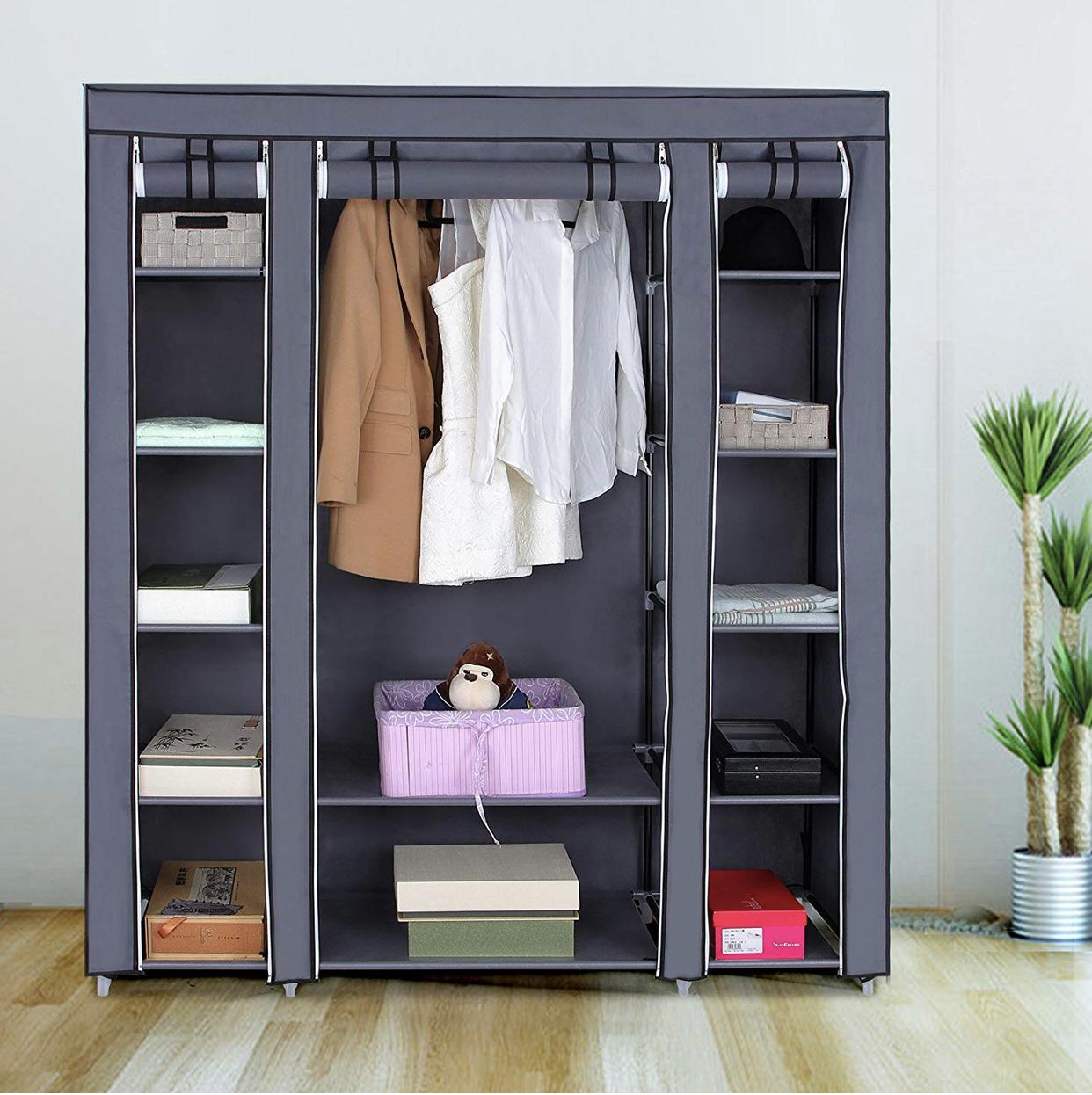SONGMICS 59 Inch Closet Organizer Wardrobe Closet Portable Closet shelves, Closet Storage Organizer with Non-woven Fabric, Quick and Easy to Assemble, Extra Strong and Durable, Gray ULSF03G