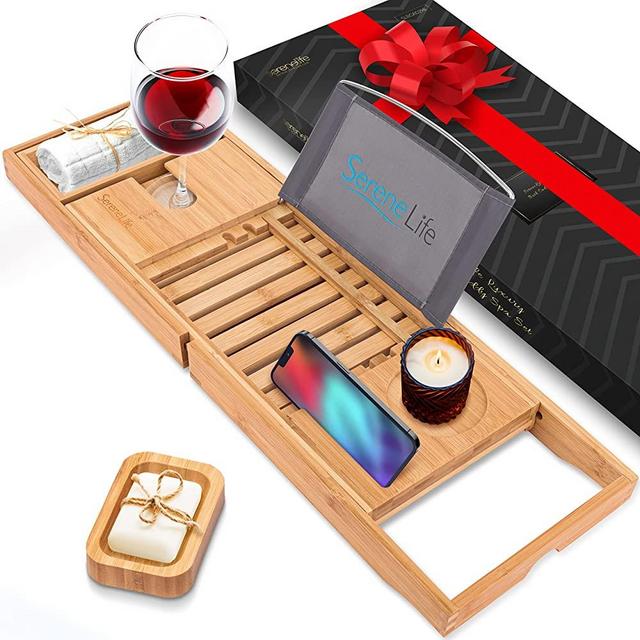 SereneLife Bamboo Bathtub Caddy with Luxury Gift Box and Red Gifting Ribbon Extendable & Adjustable Tray with Device/Book Holder with Removable Trays for Bath Accessories (Natural Color)