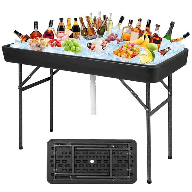 KOTEK Folding Ice Cooler Table with Matching Skirt & Drain Hose, Foldable Beverage Cooler Table Buffet Cooler Server, Portable Chill Table for Party, Picnic, BBQ, Camping (Black)