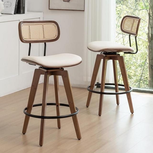 YOUUGIOR 26" Rattan Bar Stools Set of 2, Faux Leather Counter Height Swivel Barstools with Rattan Backrest/Wooden Legs,Armless Mid Century Modern Bar Chairs for Kitchen/Dining Room/Bar Chairs,Beige PU