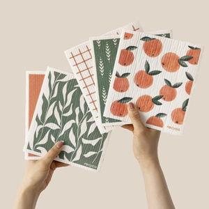 RECYCO Swedish Dishcloths for Kitchen | 5 Pack Peachy Leaves Washable Dish Rags | Cellulose Reusable Cleaning Paper Towels | Absorbent Counter Dish Cloth Sponge Kitchen Wipes, 8" L x 7" W