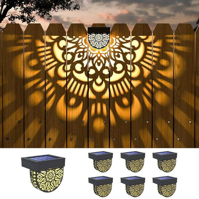 EKQ 6 Pack Solar Fence Lights Solar Outdoor Wall Lights Plastic Solar Powered Deck Step Stair Lights Moon Theme Waterproof Fence Solar Light for Garden Post Patio Backyard Yard Decor (Black, 6 Pack)