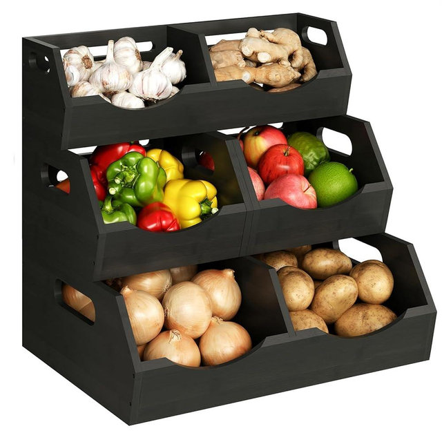AnYoben Potato Onion Storage Bins Black, 3 Tier Bamboo Pantry Storage Bin Stackable Ventilated Kitchen Organizer for Pantry, Countertop, Bathroom, Space-Saving, Easy Access Handle