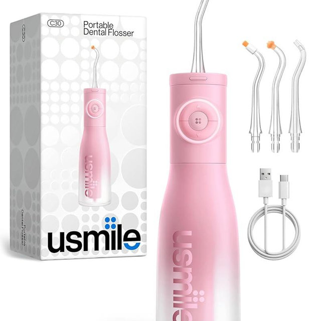 usmile C30 Cordless Water Flosser, 300ml Large Tank, 5 Pressure Levels Deep Clean, S-Shaped Nozzles for Braces & Sensitive Gums, USB-C Rechargeable, IPX7 Waterproof, Portable Travel & Home Use(Pink)