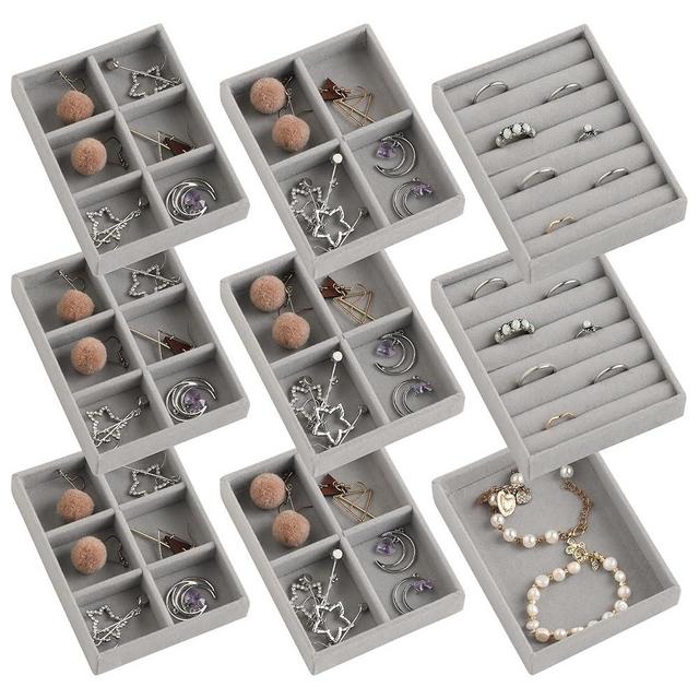 Frebeauty Small Jewelry Tray Set, Stackable Velvet Jewelry Organizer, Drawer Inserts, 4.92 x 3.74 x 0.9 Inches, Earring Organizer for Women (Set of 9, Grey)
