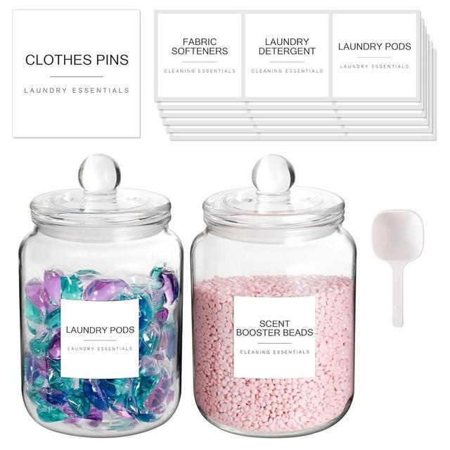 Glass Jars for Laundry Room Organization, Half Gallon Airtight Laundry Storage Glass Containers with lids for Laundry Detergent Laundry Pods Container, 2 Jars with Laundry Labels