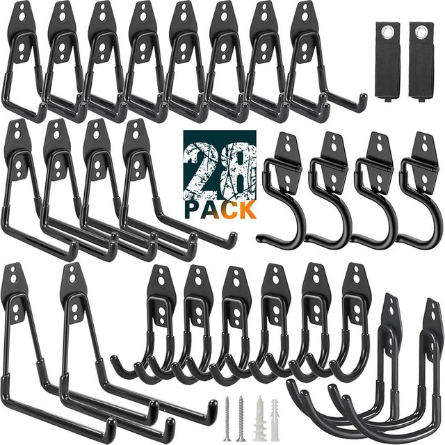 LUPYJI 28 Pack Heavy Duty Garage Hooks, Utility Wall Mounted Storage System, with Anti-Slip Coating Hanger, for Hanging Power and Garden Tools, Ladders, Bikes, Ropes and Bulk Items