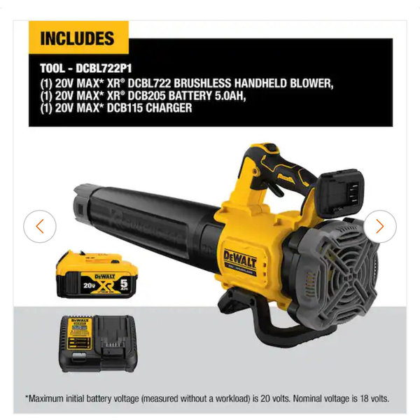 DEWALT 20V MAX 125 MPH 450 CFM Brushless Cordless Battery Powered Blower Kit with (1) 5 Ah Battery & Charger DCBL722P1