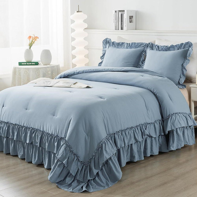 Andency Grayish Blue Queen Comforter Set, 3 Pieces Farmhouse Shabby Chic Ruffle Bedding Comforter Sets, All Season Lightweight Fluffy Soft Microfiber Bed Set for Boys, Men, Adults (90x90Inch)