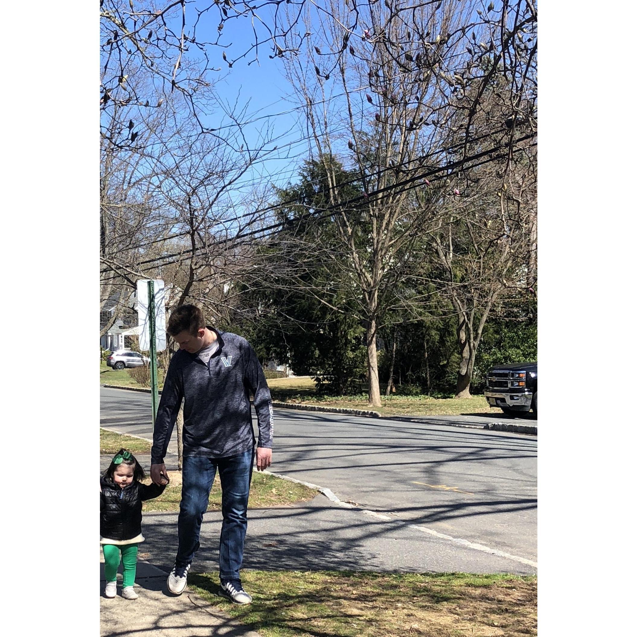 Little St. Patrick's Day walk with his god-daughter (and our perfect Flower Girl) Caroline Ann Conroy! March 2020