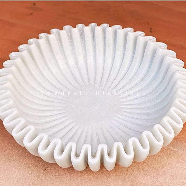 HandCrafted Marble Ruffle Bowl /Antique Scallop Bowl/Fruit Bowl/Vintage Ring Dish/Decorative Flower Bowl/HouseWarming Gift/Wedding Gifts/Urli (6 Inches)