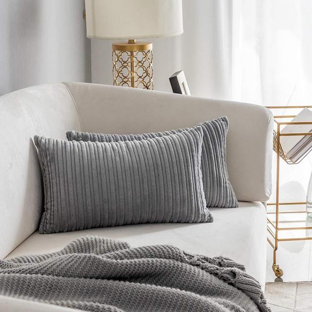 Kevin Textile Oblong Pillow Decorative Striped Corduroy Rectangle Cushion Cover Oblong Pillow Cover for Couch, 12 x 20 Inches, Set of 2, Light Grey