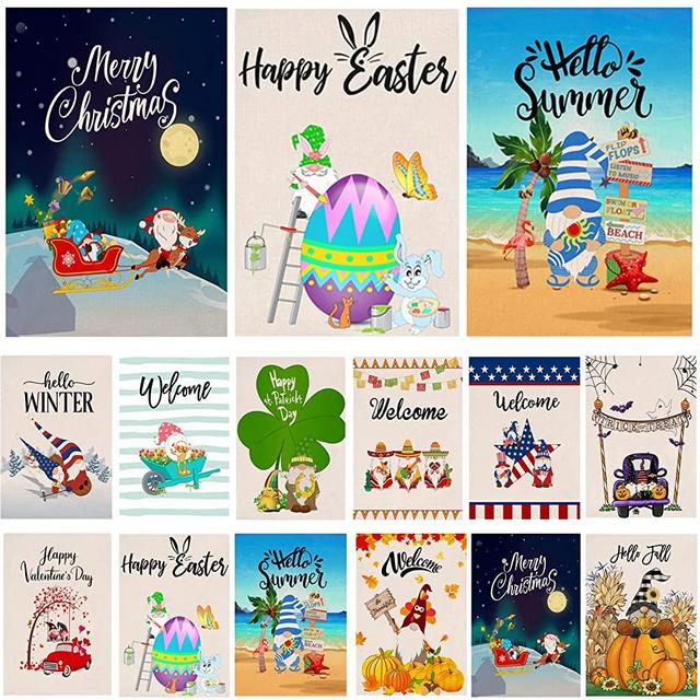 CDLong Gnome Seasonal Garden Flag Set of 12-Vertical Double Sided 12.5 x 18 Inch Yard Flag,Spring Welcome Easter Rustic Flag Decor for Indoor Outdoor Holiday Decorations