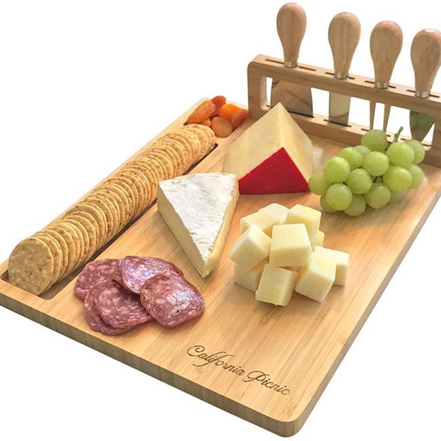 Cheese Board and Knife Set | Wine Board | Organic Bamboo Wood Charcuterie Platter Serving Board Cheese Tray with Cutlery | Perfect for Birthday, Housewarming & Wedding Gifts | 20 Pack Flag Markers